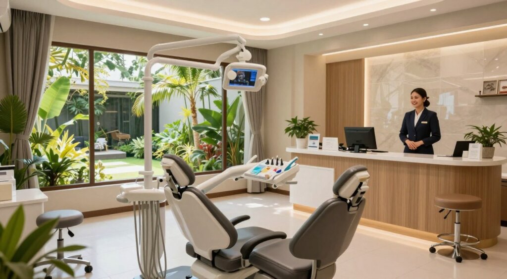 A modern, upscale Bali veneers clinic interior that exudes professionalism and tranquility. In the foreground, focus on a sleek, sophisticated dental examination room with high-end equipment and a comfortable patient chair. The middle ground features a well-organized reception area with a friendly receptionist in professional attire, welcoming visitors against a backdrop of tropical plants and calming, muted colors. The background showcases large windows that reveal a beautiful lush garden typical of Bali, with sunlight streaming in, creating a warm and inviting atmosphere. Soft, natural lighting enhances the clinical environment, while a wide-angle perspective captures the spacious layout. The overall mood is relaxing and reassuring, emphasizing trust and comfort for prospective dental patients seeking veneers.