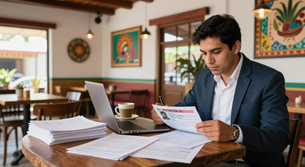 A modern workspace set in a vibrant Mexican café, featuring a laptop, stacks of financial documents, and a Mexico visa prominently displayed. In the foreground, a professional-looking individual in business casual attire intently reviews tax planning strategies, with a pen in hand and a coffee cup nearby. The middle ground showcases the café's rustic décor and colorful wall art reflecting Mexican culture. In the background, natural light filters through large windows, creating a warm and inviting atmosphere. The scene captures the essence of digital nomad life, blending work and cultural immersion, evoking a sense of opportunity and adventure. Aim for a photojournalism style, with sharp details and rich colors to reflect the dynamic lifestyle of remote workers in Mexico.