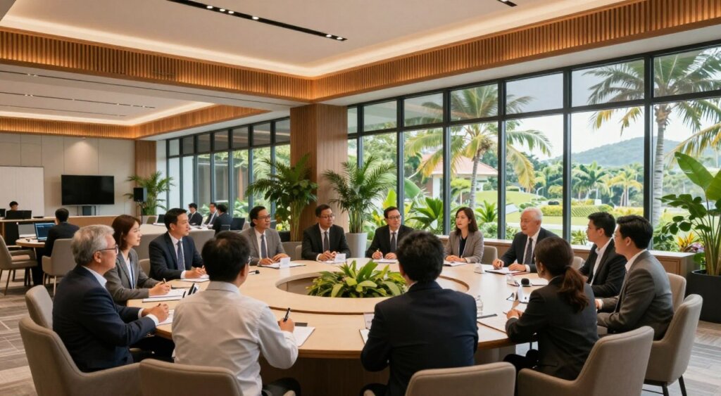 A panoramic view of The Bene Kuta event and conference facilities, featuring a modern, well-lit conference room with elegant wooden accents and sleek glass walls. In the foreground, a group of diverse professionals in business attire are engaged in a discussion around a large oval table, showcasing a collaborative atmosphere. The middle ground reveals state-of-the-art audiovisual equipment and lush indoor plants, enhancing the ambiance. In the background, tall windows provide a glimpse of tropical landscapes and vibrant greenery outside, reflecting an inviting and serene environment. Soft, natural lighting floods the room, creating warmth and focus, while capturing the essence of professionalism and innovation in event hosting.