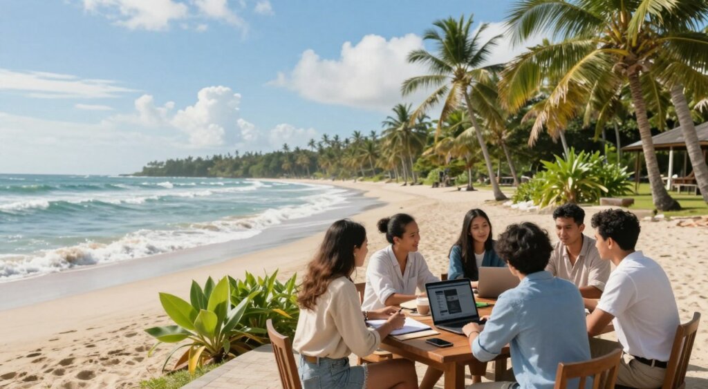 A panoramic view of a serene Indonesian beach, with gentle waves lapping at the shore. In the foreground, a diverse group of digital nomads are gathered around a wooden table, discussing tax residency criteria. They are dressed in smart casual attire, including men and women of different ethnicities, engaging in conversation with laptops and notebooks. The middle of the scene features lush tropical plants and a backdrop of palm trees swaying in a gentle breeze. The sky is a vibrant blue dotted with a few fluffy clouds, suggesting a sunny, inviting day. Use soft, natural lighting to create a warm and welcoming atmosphere, with a slightly elevated angle to capture both the group and the stunning landscape. The overall mood is collaborative and focused on understanding tax obligations in an exotic locale.