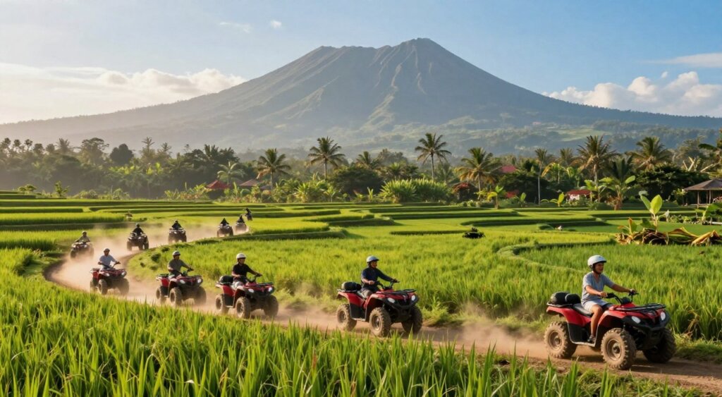 A panoramic view of a thrilling Bali quad biking experience. In the foreground, a diverse group of riders in modest casual clothing, showcasing excitement as they navigate through lush green rice paddies and winding dirt trails. In the middle ground, vivid tropical foliage and intricate patterns of emerald fields create a stunning landscape, while the riders leave dynamic trails of dust. The background captures Bali's majestic mountains under a clear blue sky, with soft, warm sunlight casting a golden hue across the scene. The atmosphere is adventurous and invigorating, evoking a sense of freedom and connection with nature. The image features a wide-angle perspective, capturing the vastness of the landscape, akin to high-quality photojournalism found in National Geographic.