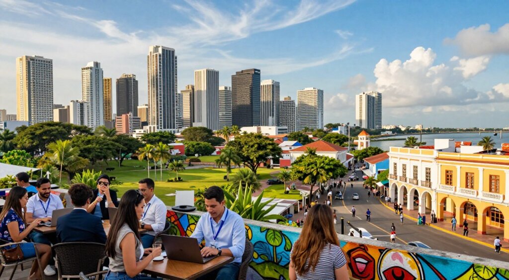 A panoramic view of the vibrant cities in Panama popular with digital nomads. In the foreground, a dynamic skyline featuring modern skyscrapers and colonial architecture, interspersed with lush green parks. People in professional business attire and stylish casual clothing engage in work and leisure, using laptops at outdoor cafes with beautiful street art in view. The middle ground highlights bustling streets filled with locals and tourists, showcasing the multicultural aspect of Panama. In the background, the iconic Panama Canal can be seen, framed by a bright blue sky with soft, wispy clouds. The atmosphere is lively and inspiring, inviting an adventurous spirit for remote work under warm sunlight, captured in a crisp, high-resolution, photojournalism style.