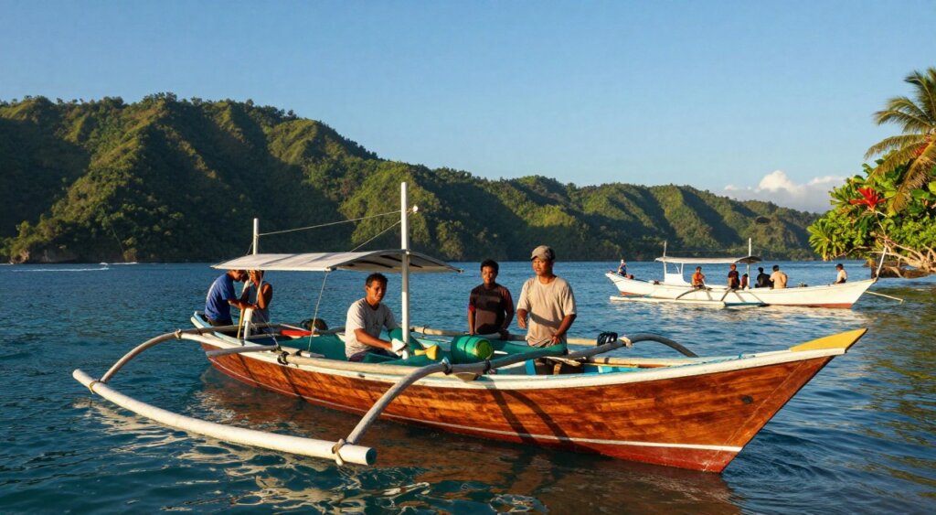 A picturesque Bali fishing charter boat anchored in tranquil turquoise waters, surrounded by lush green hills and a clear blue sky. In the foreground, the boat is made of rich, dark wood, featuring traditional Balinese fishing nets and gear neatly arranged on deck. The mid-ground captures a group of enthusiastic fishermen, dressed in modest casual attire, preparing to embark on their fishing adventure, their expressions filled with anticipation. In the background, gentle waves lap against the boat, with a glimpse of an island and vibrant tropical foliage framing the scene. The lighting is warm and inviting, reminiscent of a late afternoon sun, casting soft shadows and highlighting the details of the boat and surrounding nature. The overall mood is serene and adventurous, encapsulating the essence of fishing charters in Bali.