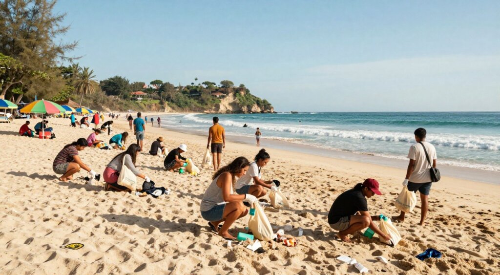 A picturesque beach in Kuta, showcasing a vibrant scene of tourists actively participating in a beach clean-up. In the foreground, a diverse group of individuals, dressed in casual clothing with reusable bags, picking up litter from the sandy shore. The middle ground features scattered trash, alongside beautiful beach scenery with colorful umbrellas and turquoise waves lapping at the shore. In the background, the iconic Kuta coastline under a bright blue sky. Soft, warm sunlight illuminates the scene, creating a hopeful atmosphere. Use a wide-angle lens to capture the expansive beauty of the beach and the collaborative spirit of environmental conservation, evoking a sense of community and responsibility. The image should convey a clear message of unity in protecting Kuta’s environment, suitable for a professional photojournalism style.