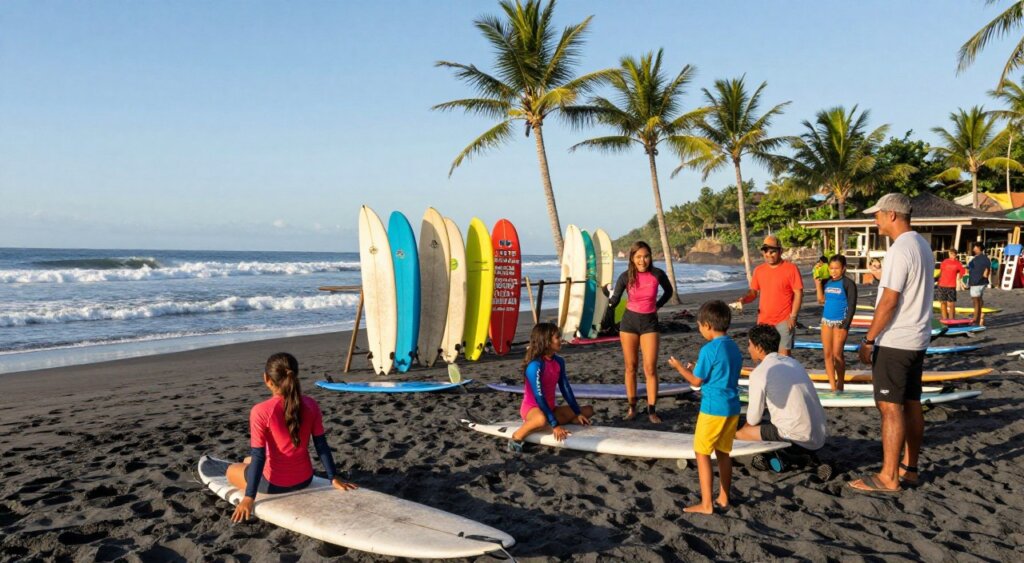 A picturesque beach scene in Bali during golden hour, showcasing a vibrant surf school atmosphere. In the foreground, a diverse group of beginner surfers, wearing colorful rash guards and modest swimsuits, enthusiastically chatting with friendly instructors in casual beach attire, as they examine surfboards. The middle ground features a beautifully arranged surf school setup with surfboards of various sizes and colorful signage indicating different classes. The background showcases the stunning Bali coastline with gentle waves rolling in, palm trees swaying softly in the ocean breeze, and a clear blue sky. The lighting is warm and inviting, enhancing the cheerful and supportive mood, reminiscent of an adventurous day of learning. Shot at eye level with a wide-angle lens for a dynamic perspective.