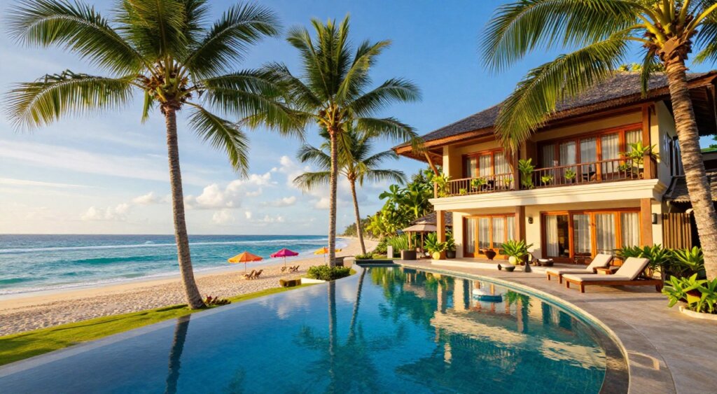 A picturesque beachfront accommodation at Febris Kuta Bali, showcasing stunning tropical architecture. In the foreground, lush green palm trees sway beside a curved, pristine infinity pool that reflects the vibrant blue sky. The middle ground features the charming hotel building with warm wooden accents, balconies decorated with local plants, and inviting lounge chairs. In the background, the turquoise waters of the Indian Ocean gently lap against the sandy beach, dotted with colourful beach umbrellas. The scene is illuminated by the soft golden light of the late afternoon sun, creating a serene and welcoming atmosphere. Use a wide-angle lens to capture the expansive beauty of this tropical oasis, emphasizing both the luxurious accommodation and the stunning natural surroundings. The mood should convey relaxation and tranquility, inviting viewers to imagine a perfect getaway.