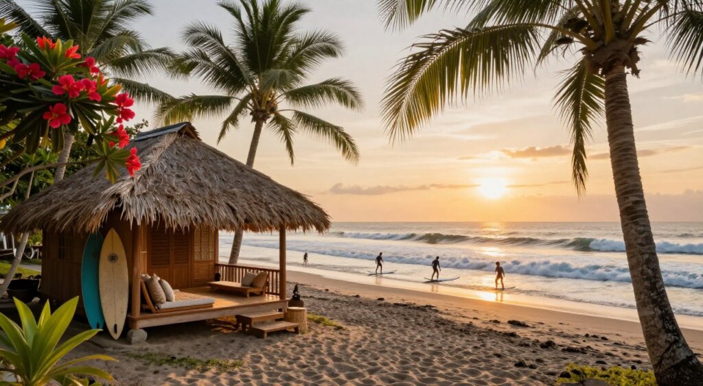 A picturesque beachfront accommodation in Bali, surrounded by lush palm trees and vibrant tropical flowers. In the foreground, a cozy wooden bungalow with a thatched roof sits invitingly open, showcasing comfortable seating and surfboards propped up against the wall. In the middle ground, surfers in modest swimwear expertly ride the gentle waves, capturing the excitement of Bali's surf culture. The background features a stunning sunset, casting a warm golden hue over the scene, with soft waves lapping at the shore. The lighting is warm and inviting, reminiscent of a perfect day at the beach. The image should have a slightly elevated angle, capturing both the beauty of the accommodation and the thrilling surf activity, conveying a relaxed yet adventurous mood. Captured in high resolution for a professional look.