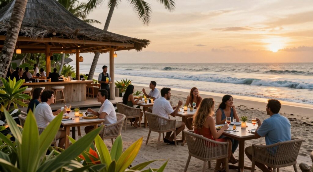 A picturesque beachfront dining scene in Kuta, Bali, featuring a cozy outdoor restaurant setting. In the foreground, elegantly set tables with minimalist decor and flickering candles, surrounded by vibrant tropical plants. A diverse group of diners enjoying their meals, dressed in smart casual attire, laughing and sharing stories. The middle ground showcases the restaurant's wooden deck with rustic beach furniture, and a waiter serving refreshingly colorful cocktails. In the background, the stunning ocean waves gently lap the shore, under a golden sunset that casts warm, soft lighting across the scene. Capture the lively atmosphere of this popular dining area, with a hint of serene tropical beauty, using a wide-angle lens to accentuate depth and perspective.
