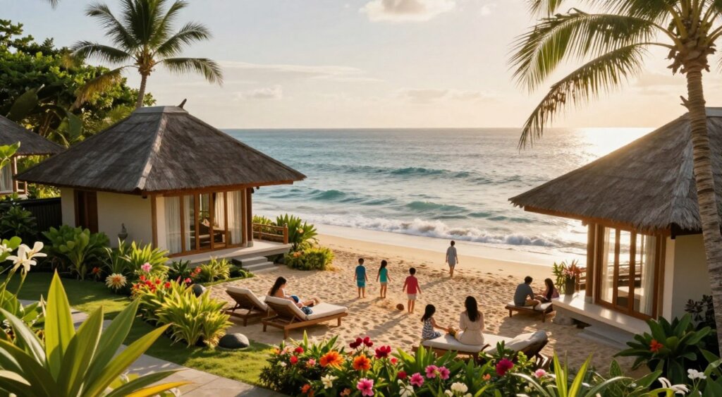 A picturesque beachfront scene of family villas in Nusa Dua, Bali, capturing luxury and serenity. In the foreground, lush tropical gardens with vibrant flowers and palm trees frame the villas, which are elegantly designed with wooden elements and large windows. In the middle ground, families are enjoying leisurely activities: children playing in the sand while parents relax on comfortable loungers, all dressed in modest, casual clothing. In the background, the tranquil ocean glistens under the golden sunlight, with gentle waves lapping at the shore. The scene is bathed in soft, warm lighting, evoking a relaxed and inviting atmosphere. The angle is slightly elevated, offering a broad perspective of the lush landscape and the calm sea, in the style of high-quality photojournalism reminiscent of National Geographic.