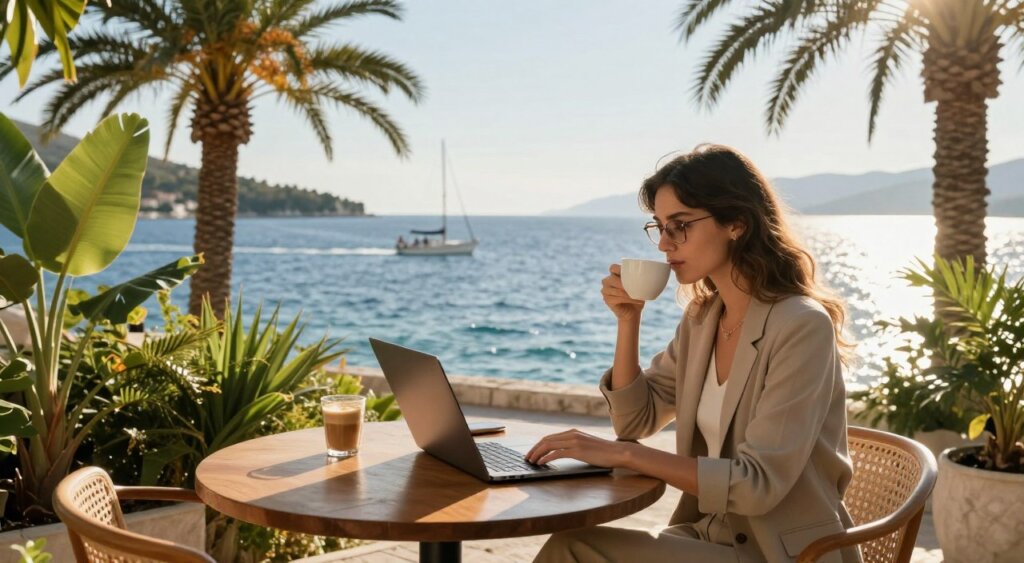 A picturesque coastal scene in Croatia, showcasing a modern workspace with a laptop on a wooden table, surrounded by tropical plants and a stunning view of the Adriatic Sea in the background. In the foreground, a professional young woman in smart casual attire is focused on her work, sipping a cup of coffee. The golden sunlight filters through palm trees, casting soft shadows and creating a warm, inviting atmosphere. In the middle ground, a small sailboat glides across the shimmering water, contributing to the laid-back vibe of a digital nomad lifestyle. The image captures a sense of freedom, productivity, and the beauty of working remotely in an idyllic location, akin to a National Geographic photojournalism style.