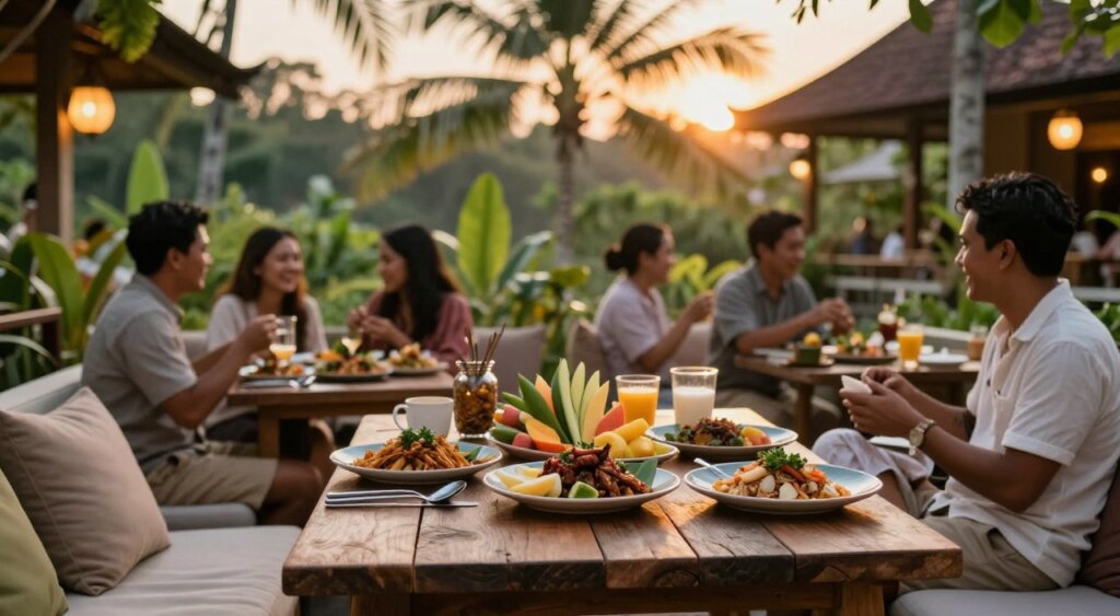 A picturesque dining scene at Bali Bagus Cafe, nestled in a lush tropical setting. In the foreground, a rustic wooden table is elegantly arranged with vibrant local fruits and delicately plated Balinese dishes, inviting diners to experience the rich flavors of Bali. The middle ground features a cozy seating area adorned with warm lighting and soft, inviting cushions, where a diverse group of patrons in modest, stylish casual attire share joyful moments over meals. In the background, tropical greenery and traditional Balinese architecture create a serene atmosphere, framed by the soft glow of the setting sun. The lighting is golden and warm, enhancing the inviting mood of the scene. Capture this image using a shallow depth of field, focusing on the table while softly blurring the surroundings for a dreamy effect.