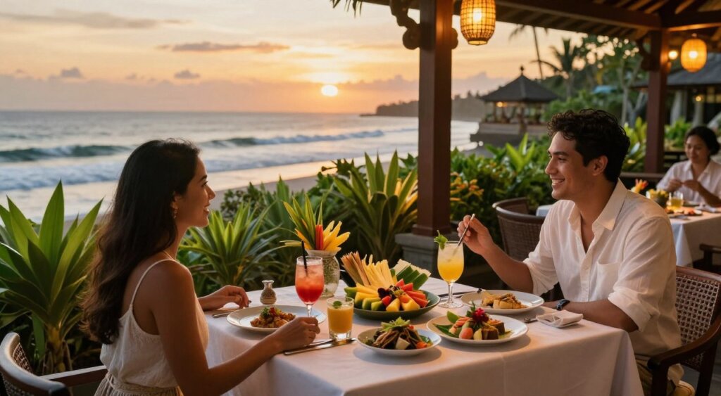 A picturesque dining scene showcasing the best dining experiences in Bali, featuring an elegantly set table with exquisite local dishes, tropical fruits, and handcrafted drinks. In the foreground, a couple dressed in smart casual attire enjoys their meal, smiling and savoring the vibrant atmosphere. The middle ground displays lush greenery and charming Balinese decor, infused with warm, inviting lighting that enhances the ambiance. In the background, the stunning coastline with tranquil waves and a golden sunset casts a magical glow over the setting. The composition captures the essence of luxury and relaxation, evoking a sense of culinary delight in Bali's unique cultural backdrop. The image should convey a sense of warmth, sophistication, and the bliss of dining in paradise.