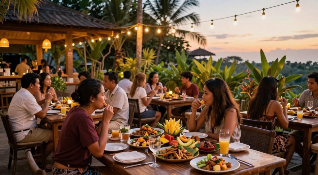 A picturesque outdoor dining scene in Kuta, Bali, showcasing a vibrant restaurant atmosphere during sunset. In the foreground, a beautifully set table with traditional Balinese cuisine, featuring colorful dishes, fresh tropical fruits, and elegant tableware. In the middle ground, a diverse group of modestly dressed diners enjoying their meals and engaging in conversation, embodying a relaxed and inviting ambiance. The background features lush tropical plants and the warm glow of string lights above, casting a soft, golden light. The scene captures a sense of community and cultural experience, emphasizing the richness of dining in Kuta. Use a wide-angle lens to enhance depth, with a slight focus on the table in the foreground, creating a warm, inviting mood.