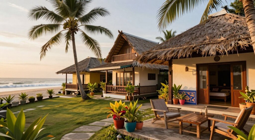 A picturesque scene of affordable accommodations in Kuta, featuring a charming, budget-friendly guesthouse with a tropical garden. In the foreground, a cozy patio with rustic wooden furniture and colorful potted plants invites relaxation. The middle layer showcases the guesthouse, with Balinese architecture, thatched roof, and vibrant decor reflecting the local culture. The background reveals a serene beach with gentle waves lapping at the shore, framed by palm trees swaying in the breeze. The image is captured during golden hour, with warm, soft lighting to evoke a welcoming, laid-back atmosphere. The lens is slightly wide-angle to encompass the inviting surroundings, creating a sense of peace and affordability.