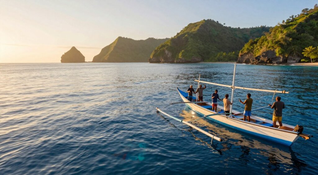 A picturesque scene of deep sea fishing in Bali at sunrise. In the foreground, a sturdy fishing boat with fishermen in modest casual clothing, actively reeling in a catch, displaying excitement and teamwork. The middle ground showcases vibrant, clear blue waters with a gentle wave pattern, teeming with the shadows of larger fish below. In the background, the stunning silhouette of Bali’s rugged coastline and lush green hills emerges, bathed in the warm golden hues of the rising sun. Soft, diffuse lighting enhances the tranquil yet lively atmosphere, emphasizing the beauty and adventure of fishing in this tropical paradise. The composition is captured from a slightly elevated angle to provide depth and context to the scene, reminiscent of a National Geographic photojournalism style.