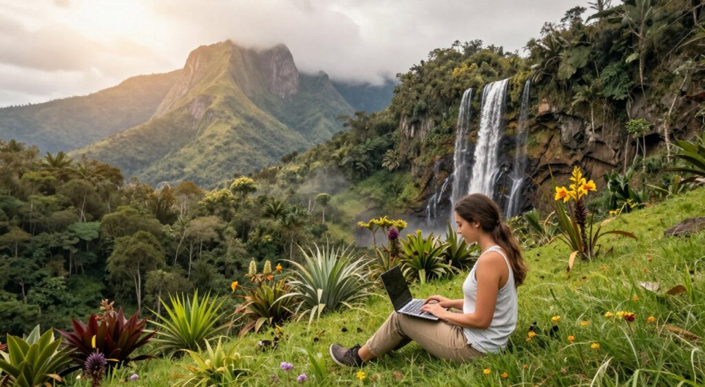 A picturesque scene showcasing a digital nomad exploring the natural wonders of Colombia. In the foreground, a young woman dressed in modest, casual travel attire sits on a lush green hillside, typing on her laptop while surrounded by exotic plants and vibrant flowers. In the middle ground, majestic mountains rise, partially shrouded by clouds and lush rainforests, creating a sense of adventure. The background features a breathtaking waterfall cascading down rocks, with sunlight filtering through the dense canopy, casting a warm, inviting glow over the entire scene. The image captures a tranquil yet inspiring atmosphere, emphasizing the joys of remote work amidst stunning landscapes. Aim for a high-resolution, photojournalism-style quality reminiscent of National Geographic, with soft, natural lighting and a slightly elevated angle to showcase the beauty of Colombia’s terrain.