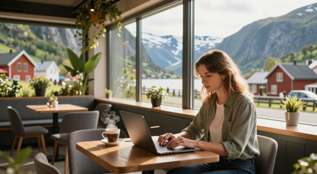 A picturesque setting featuring a digital nomad working on a laptop in a cozy, modern café in Norway. In the foreground, a focused young woman in smart casual attire types on her laptop, with a steaming cup of coffee beside her. In the middle ground, the vibrant café is filled with lush greenery and large windows overlooking a scenic Norwegian landscape of towering fjords and snow-capped mountains. The background captures the charm of traditional Norwegian architecture, with wooden houses dotting the hillsides. The lighting is warm and inviting, with golden sunlight streaming in through the café windows, creating a welcoming and productive atmosphere. The mood is one of tranquility and inspiration, highlighting the lifestyle of a digital nomad in Norway.