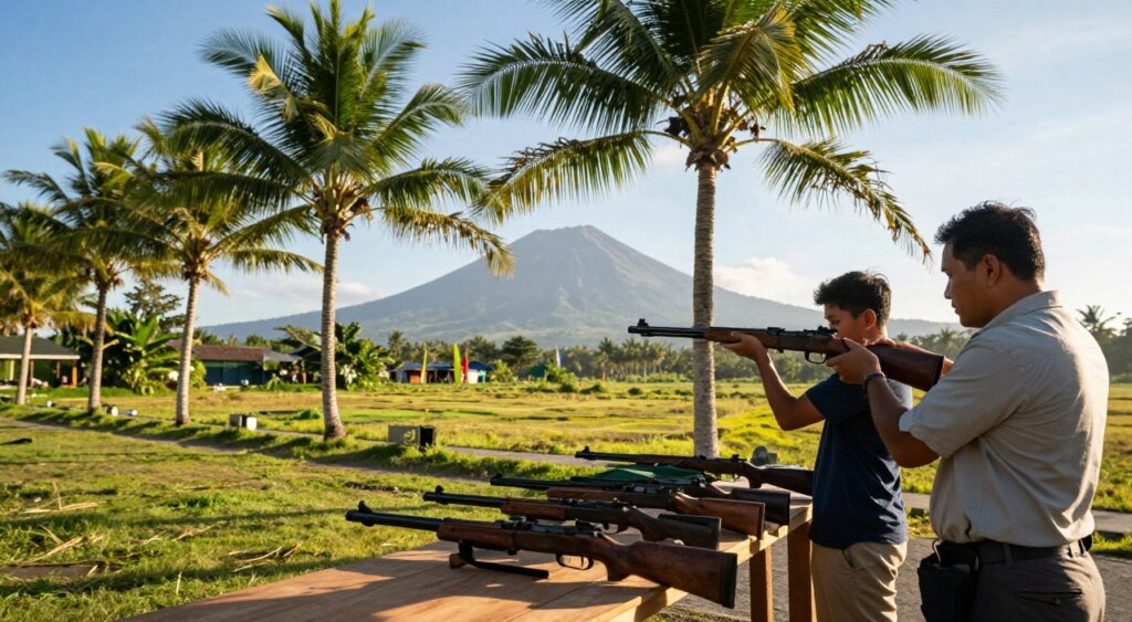 A picturesque shooting range in Bali, showcasing various types of firearms laid out on a wooden table in the foreground. A professional instructor, dressed in casual yet neat attire, is demonstrating a rifle to a focused student, both positioned to the side, capturing the essence of a learning environment. In the middle ground, vibrant green palm trees sway gently in the tropical breeze, framing the scene with a sense of natural beauty. In the background, the distant silhouette of a volcanic mountain looms under a bright blue sky, adding depth and context. The golden afternoon sunlight casts soft shadows, creating a warm and inviting atmosphere. The image is captured with a slight wide-angle lens, emphasizing the connection between the people and their surroundings, reflecting a harmonious blend of adventure and safety.