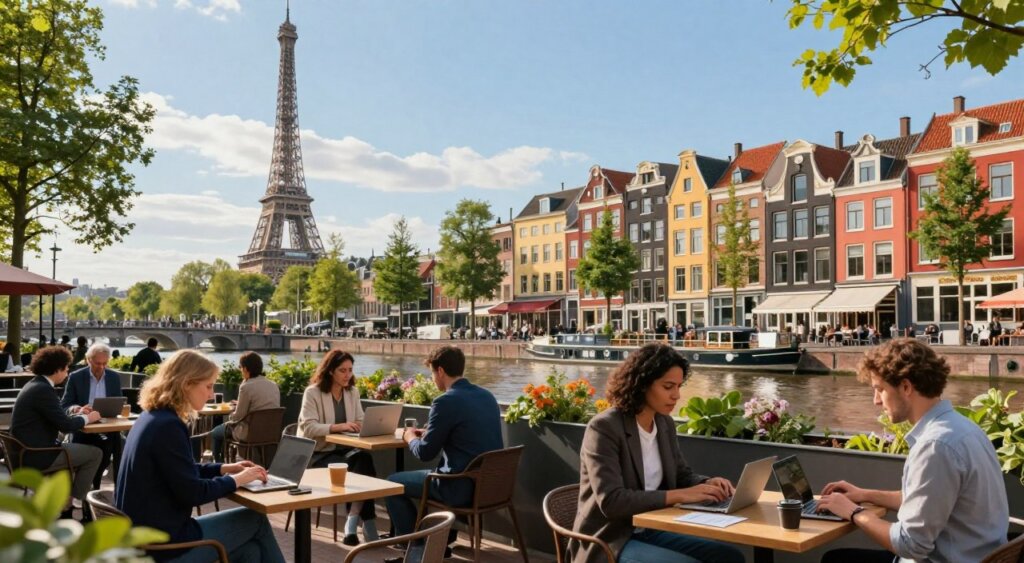 A picturesque view of European cities ideal for digital nomads, showcasing vibrant co-working spaces and outdoor cafes filled with professionals. In the foreground, diverse individuals in professional business attire or modest casual clothing work on laptops, surrounded by greenery and historic architecture. The middle ground features iconic landmarks like the Eiffel Tower, canals of Amsterdam, and colorful Mediterranean buildings, symbolizing the rich culture and opportunities available. In the background, a clear blue sky with soft, warm lighting creates an inviting atmosphere, enhancing the sense of freedom and creativity. The composition employs a slightly elevated angle for an expansive view, capturing the essence of the digital nomad lifestyle in Europe.
