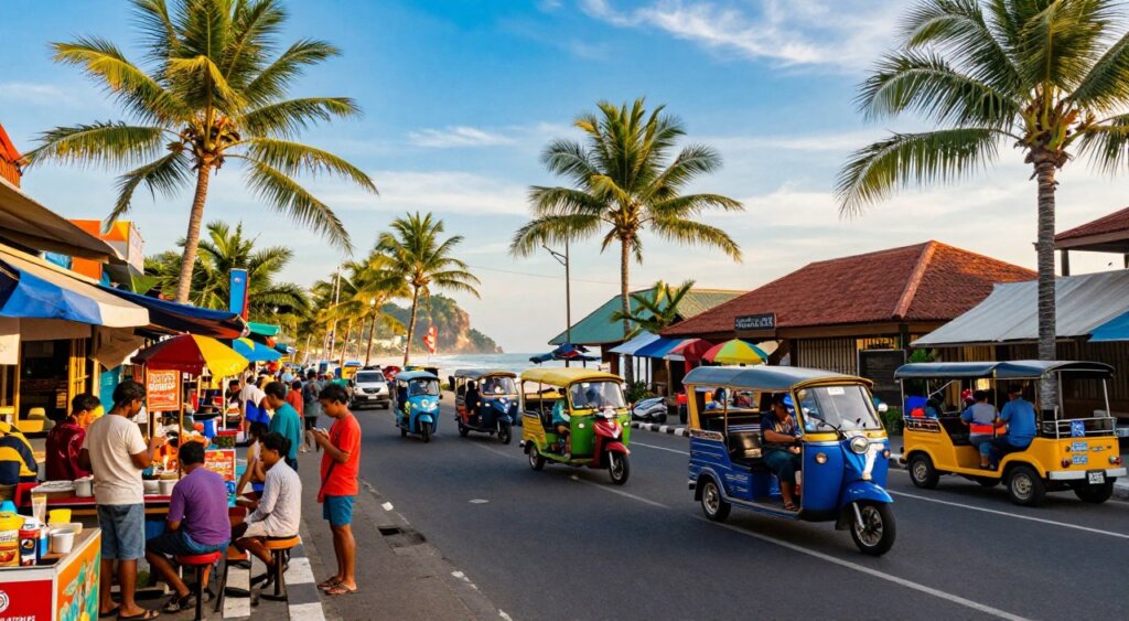 A picturesque view of Kuta, Bali, showcasing its vibrant transport scene. In the foreground, the bustling streets lined with colorful local shops and food stalls, with people in modest casual clothing interacting and exploring. The middle ground features a variety of transport options, including scooters, taxis, and traditional bemos, all amidst the lively atmosphere. The background displays the iconic Kuta beach, framed by swaying palm trees under a bright blue sky. The image is captured during the golden hour, casting a warm, inviting glow over the scene. The composition is shot from a slightly elevated angle, giving a panoramic view that emphasizes the accessibility and liveliness of Kuta as a tourist hub, evoking a sense of adventure and discovery.