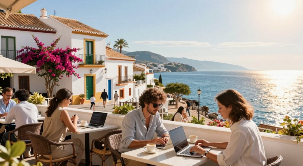 A picturesque view of a vibrant Spanish coastal town, showcasing elements ideal for digital nomads. In the foreground, a couple of professionals in smart casual attire work on their laptops at an outdoor café, sipping coffee. The middle ground features charming white-washed buildings with colorful balconies draped in bougainvillea, while locals stroll nearby, creating a lively atmosphere. In the background, sparkling blue waters of the Mediterranean Sea shimmer under the warm golden sunlight, and distant mountains frame the horizon. Use a wide-angle lens to capture the lively scene, emphasizing depth and clarity. The mood should feel inviting, bright, and inspiring, reflecting the essence of a thriving environment for remote workers.