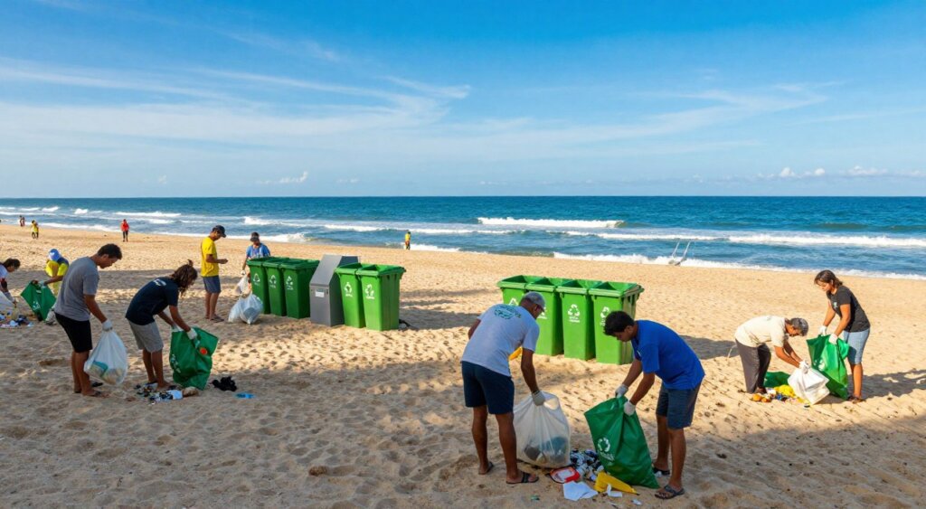 A pristine Kuta beach scene showcasing sustainable solutions for trash management. In the foreground, a diverse group of volunteers in modest casual attire actively participating in a beach clean-up, collecting litter and using eco-friendly bags. In the middle ground, bright green recycling bins and innovative waste sorting stations are strategically placed along the sandy shore, highlighting community engagement and environmental responsibility. The background features the crystal-clear ocean with gentle waves and a vivid blue sky, enhancing the serene atmosphere. The golden sunlight casts a warm glow over the scene, emphasizing hope and positivity for Kuta's future. The composition should have a dynamic perspective, possibly from a low angle, capturing the action and the beauty of the surroundings.