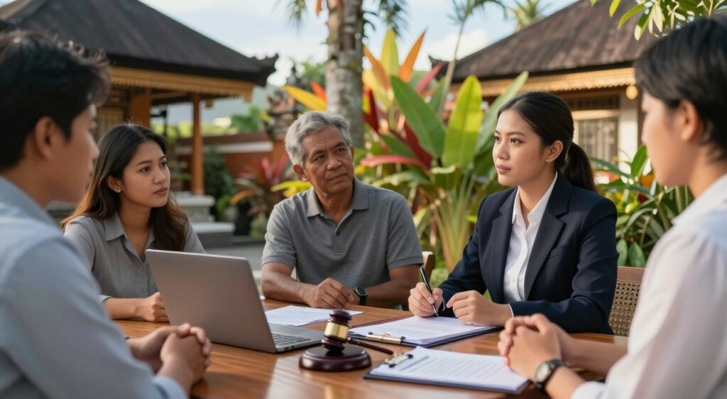 A professional Bali immigration lawyer, dressed in smart business attire, is engaged in a thoughtful conversation with a diverse group of clients in an outdoor, tropical setting. The foreground features a wooden table with legal documents and a laptop, indicating a working session. In the middle ground, vibrant tropical plants frame the scene, while the clients, represented by individuals of various ethnic backgrounds, display expressions of interest and trust. The background showcases traditional Balinese architecture, with ornate details and a clear blue sky. The lighting is warm and inviting, suggesting late afternoon sunshine, creating a relaxed yet professional atmosphere. The image captures the essence of cultural sensitivity through the lawyer's attentive demeanor and engaging body language, highlighting the importance of understanding in immigration law.