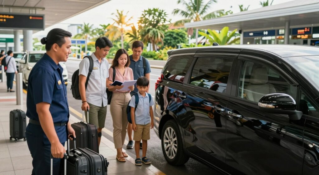 A professional airport transfer scene set in Bali, focusing on a well-organized taxi arrival area. In the foreground, a friendly, professional driver in a navy blue uniform stands beside a luxurious, sleek black taxi, ready to assist passengers with their luggage. In the middle ground, a family, dressed in smart casual clothing, is checking their travel documents while approaching the taxi, embodying a sense of relief and anticipation. The background features a modern airport terminal with tropical landscaping visible, bathed in warm, natural sunlight that enhances the inviting atmosphere. The angle is a slightly elevated perspective, capturing the entire scene harmoniously. The mood is friendly and efficient, reflecting a smooth and stress-free travel experience. High-resolution, vivid colors, and sharp details in a realistic photojournalistic style.
