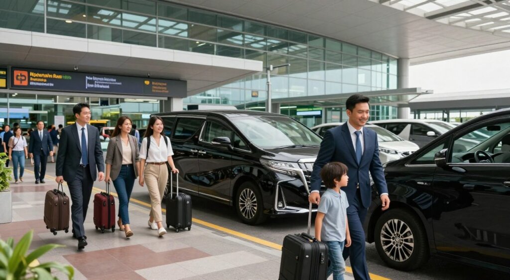 A professional airport transfer service at Ngurah Rai International Airport, showcasing a diverse group of travelers in business attire and modest casual wear. In the foreground, a friendly driver assists a family with luggage, creating a welcoming atmosphere. The middle ground features a sleek, luxury vehicle parked near the terminal entrance, with modern airport architecture elegantly framed. In the background, the airport terminal is bustling with activity, capturing the sense of movement and efficiency. Natural daylight filters through large glass windows, creating a bright and inviting environment. The mood is friendly and professional, reflecting reliable and customer-focused transportation services. The composition should resemble high-quality photojournalism, emphasizing clarity and detail, akin to National Geographic standards. A professional airport transfer service at Ngurah Rai International Airport, showcasing a diverse group of travelers in business attire and modest casual wear. In the foreground, a friendly driver assists a family with luggage, creating a welcoming atmosphere. The middle ground features a sleek, luxury vehicle parked near the terminal entrance, with modern airport architecture elegantly framed. In the background, the airport terminal is bustling with activity, capturing the sense of movement and efficiency. Natural daylight filters through large glass windows, creating a bright and inviting environment. The mood is friendly and professional, reflecting reliable and customer-focused transportation services. The composition should resemble high-quality photojournalism, emphasizing clarity and detail, akin to National Geographic standards.