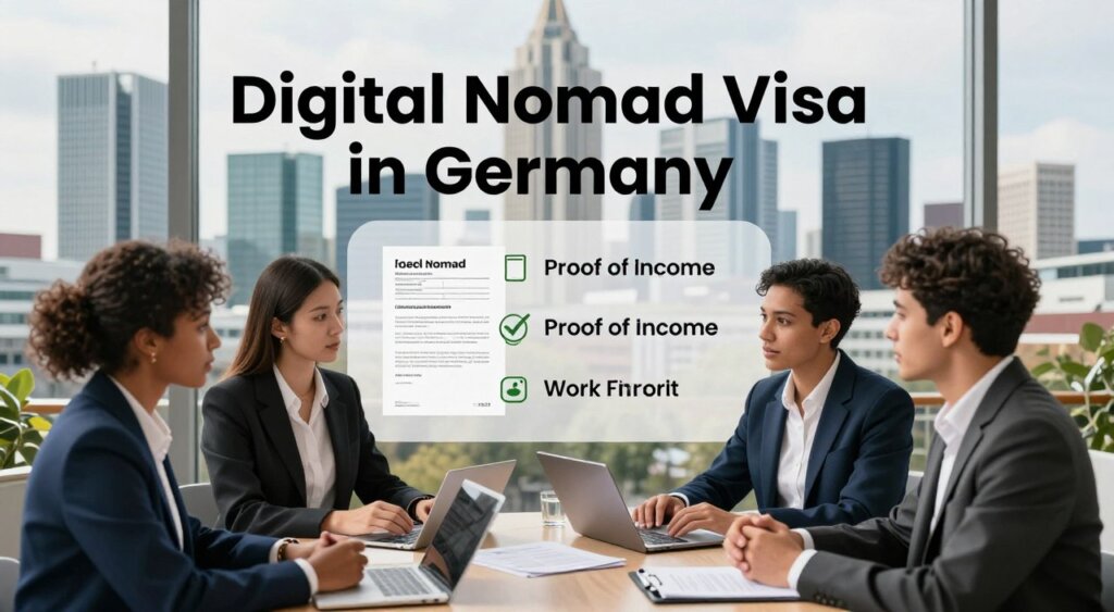 A professional and informative composition illustrating the eligibility requirements for the Digital Nomad Visa in Germany. In the foreground, a diverse group of three individuals in smart business attire are engaging in a discussion, with digital devices and documents spread out before them, symbolizing the application process. In the middle, a large styled text graphic featuring icons representing key requirements like job offer letters, proof of income, and work contracts subtly blend into the scene without any text overlay. In the background, a panoramic view of a modern German city skyline reflects a vibrant and dynamic working environment. Soft natural lighting enhances the realistic feel, shot from a slightly elevated angle to capture both the group and the surroundings, evoking a sense of aspiration and professionalism.