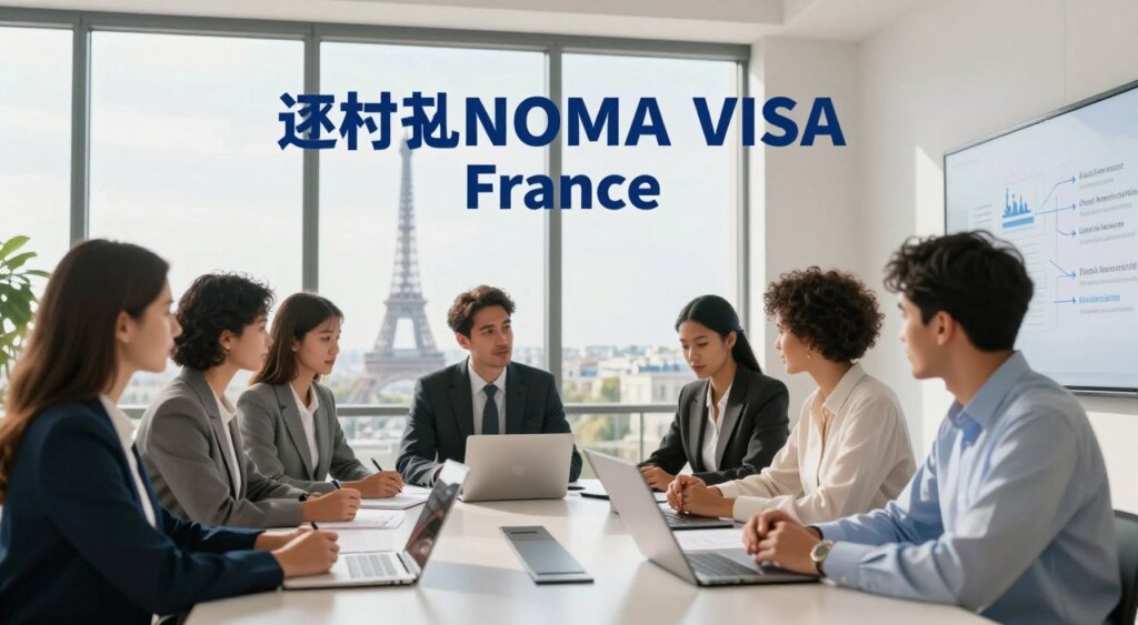 A professional and informative image depicting the eligibility criteria for a digital nomad visa in France. In the foreground, a diverse group of business professionals dressed in smart, modest attire, including a woman in a blazer and a man in a tailored shirt, are seated around a sleek conference table covered with papers and laptops. In the middle ground, a large window shows a bright Parisian skyline, with the Eiffel Tower visible, providing a vibrant backdrop. The lighting is bright and natural, filtering through the window to create an inviting atmosphere. In the background, an infographic-style representation of key requirements—like income levels, remote work evidence, and health insurance—is subtly integrated on a wall screen. The overall mood is professional, encouraging, and inspiring, resonating with the theme of digital nomadism.