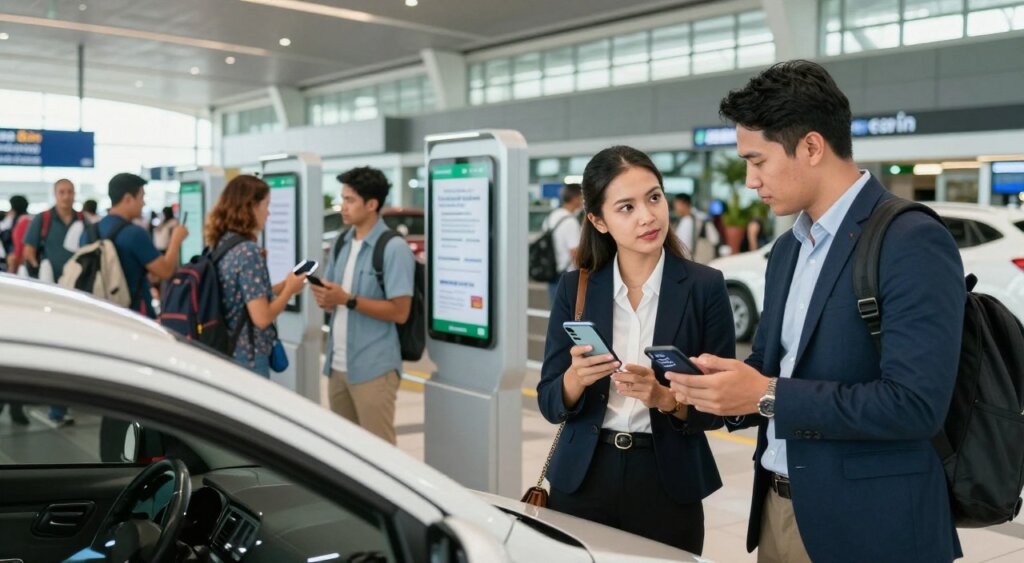 A professional and informative scene depicting a bustling Bali airport with a focus on ride-hailing services. In the foreground, a well-dressed couple, casually discussing budgeting options as they stand beside a ride-hailing vehicle, showcasing their smartphone with various payment app logos. The middle ground features a diverse group of travelers engaging with nearby ride-hailing information kiosks, emphasizing safety measures. In the background, the Bali airport terminal is visible, capturing its architectural elegance under bright, natural lighting. The atmosphere is vibrant and dynamic, reflecting the excitement of travel while conveying trust and professionalism in the ride-hailing experience. The image should be in high-resolution, emulating a documentary style with a slight depth of field effect to emphasize the subjects.