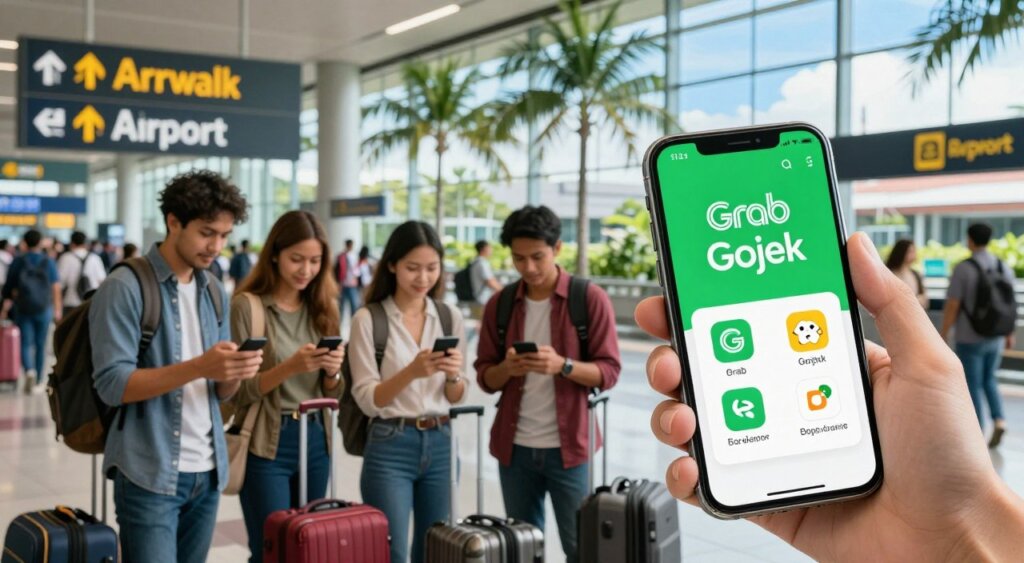 A professional and informative step-by-step guide to booking a ride using Grab and Gojek at Bali Airport. In the foreground, feature a smartphone displaying the Grab and Gojek apps with vibrant icons. In the middle, show a diverse group of travelers, dressed in casual yet neat clothing, looking intently at their devices, surrounded by luggage. The background presents the busy atmosphere of Bali Airport, with signage for arrivals and departures, palm trees gently swaying in the tropical breeze, and a glimpse of blue sky through the terminal windows. Use soft, natural lighting to enhance the welcoming ambiance, captured from a slightly elevated angle to give a clear view of both the travelers and the airport's lively scene, evoking a sense of excitement and ease associated with travel.