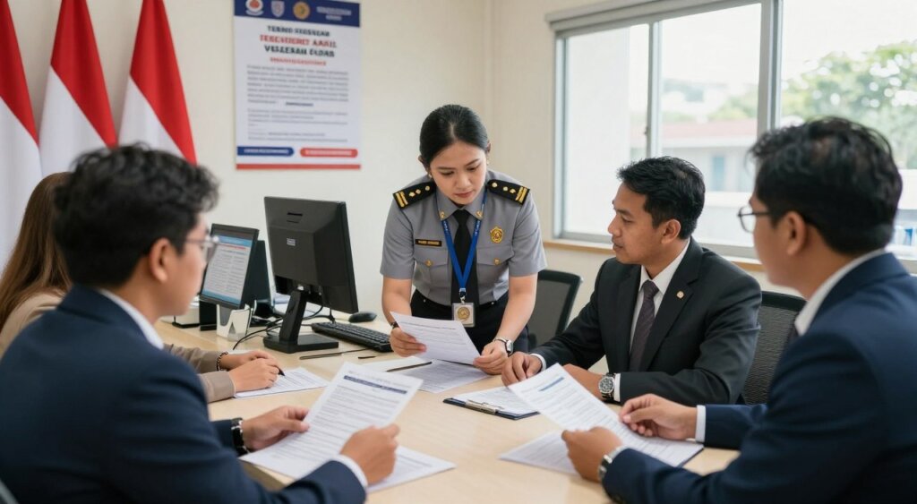 A professional and organized immigration office interior, capturing the Visa extension Indonesia amnesty application process. In the foreground, a diverse group of individuals in professional business attire is gathered around a table, studying application forms and discussing procedures. The middle ground features an immigration officer in a smart uniform assisting a person, showcasing a collaborative and informative atmosphere. The background is adorned with Indonesian flags, informational posters about the amnesty program, and a computer workstation with official documents. Soft, natural lighting streams through the windows, creating an inviting environment that emphasizes professionalism and order. The mood is focused and supportive, highlighting the importance of the amnesty application process in a respectful manner.