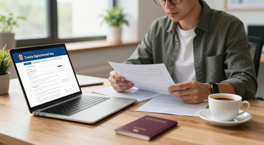 A professional and organized workspace representing the application process for the Croatia digital nomad visa. In the foreground, a sleek wooden desk is adorned with a laptop open to a visa application form, a passport, and a cup of coffee. In the middle, a focused individual in smart casual attire is reviewing documents, with attention to detail on forms and identification. The background shows a bright, airy office with large windows letting in soft natural light, framed by green plants that add a touch of tranquility. The atmosphere is calm and productive, conveying the importance of proper documentation and preparation in the visa application process. The image captures a professional photojournalistic quality, reflecting clarity and purpose.