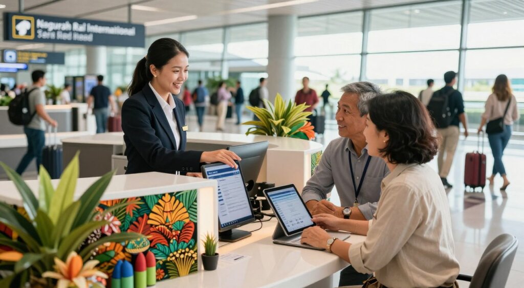 A professional and serene scene of the airport transfer booking process at Bali's Ngurah Rai International Airport. In the foreground, a well-dressed travel agent assists a couple in their late 30s, both in smart casual attire, while discussing options on a tablet. The agent is smiling and gesturing towards a digital display with transfer options. In the middle, an airy, well-lit booking counter is adorned with tropical decor, reflecting Bali's vibrant culture. The background features a lively airport terminal with travelers carrying luggage and airport signs in soft focus, illuminated by natural sunlight streaming through large windows. The mood is friendly and inviting, capturing the convenience and professionalism of booking an airport transfer. Use a slightly elevated angle to encompass both the human interaction and the bustling environment, emulating the style of high-quality photojournalism.