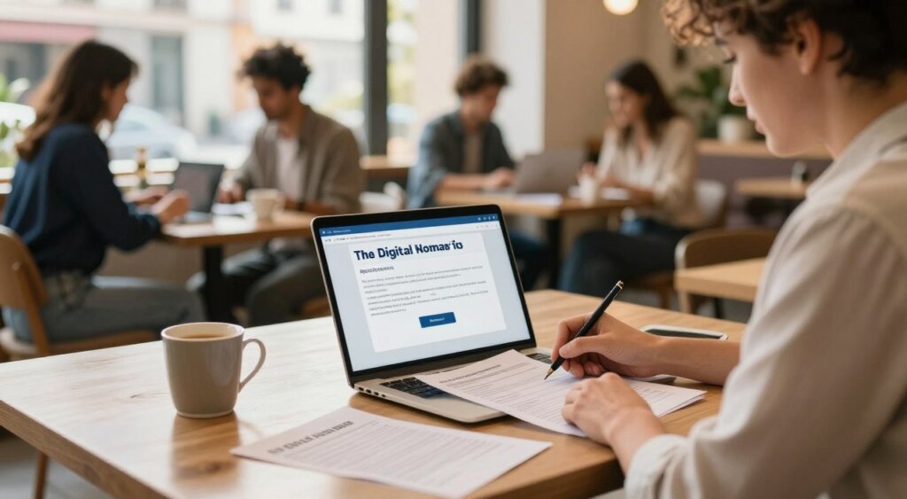 A professional and visually engaging scene depicting the digital nomad visa application process in Spain. In the foreground, a focused individual in smart casual attire is seen filling out forms at a sleek, modern workspace, with a laptop and documents spread out. The middle ground showcases a coffee shop setting with diverse individuals working on their computers, reflecting a collaborative environment. In the background, hints of Spanish architecture can be seen through large windows, with sunlight streaming in, creating a warm and inviting atmosphere. The overall mood is one of efficiency and optimism, capturing the essence of embarking on a new journey as a digital nomad in Spain. The composition should have a depth of field effect emphasizing the applicant with soft, natural lighting for an authentic feel.