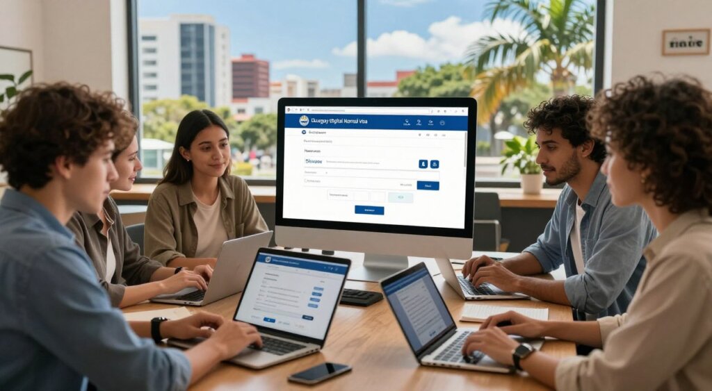 A professional and visually engaging scene depicting the online application process for the Uruguay digital nomad visa. In the foreground, a diverse group of individuals, dressed in smart casual clothing, are focused on their laptops and tablets in a cozy, well-lit coworking space. The middle ground features an interactive computer screen displaying the visa application interface with various fields and icons, symbolizing a user-friendly experience. In the background, large windows let in natural sunlight, showcasing a vibrant cityscape of Montevideo with palm trees and a blue sky, creating an inspiring and optimistic atmosphere. The overall mood is productive and hopeful, capturing the essence of remote work and the excitement of relocating to Uruguay as a digital nomad. The image should reflect a modern, professional aesthetic with natural lighting and a slightly elevated angle for a dynamic perspective.