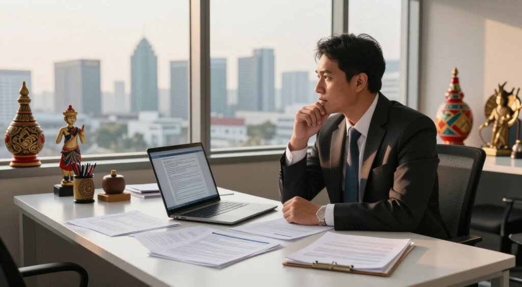 A professional business consultant, dressed in formal attire, sits at a sleek minimalist desk cluttered with immigration documents and a laptop displaying complex legal charts. In the background, a large window offers a view of Jakarta's skyline, bathed in soft golden hour lighting, symbolizing hope and opportunity. The consultant appears focused and deep in thought, surrounded by vibrant Indonesian artifacts that reflect the country's rich culture. The atmosphere is serious yet optimistic, capturing the essence of navigating the complexities of Indonesian immigration laws. A warm light casts soft shadows, enhancing the professional yet approachable ambiance. The photo should reflect realism and clarity typical of high-quality photojournalism, with an emphasis on the thoughtful expression of the consultant and the organized chaos of paperwork.