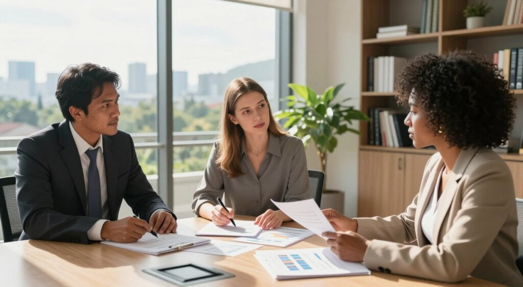 A professional business meeting in a modern office setting in Indonesia, focusing on understanding tax residency. In the foreground, a diverse group of three individuals—one Indonesian man in a formal suit, a Caucasian woman in a smart blouse, and a Black woman in a tailored blazer—are actively discussing documents on a sleek conference table, with charts and graphs visible. The middle ground features a large window with natural sunlight streaming in, casting soft shadows, and a panoramic view of Indonesia's lush landscape, hinting at urban and rural elements. In the background, bookshelves filled with financial literature and a potted plant add to the professional ambiance. The lighting is bright yet warm, creating an inviting atmosphere that emphasizes collaboration and insight into tax residency.
