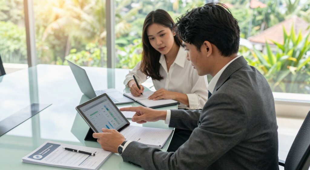 A professional business meeting scene in a bright, modern office setting, where two well-dressed individuals focus on evaluating transfer costs and pricing options. In the foreground, a man in a tailored suit points at a digital tablet illustrating a cost comparison chart, while a woman in a smart blouse takes notes on a laptop. The middle ground features a large glass conference table with a notepad, pen, and brochures about transfer services to Canggu. The background displays large windows with a view of Bali’s lush landscape, enhancing the setting's tropical ambiance. Soft, natural light streams in, giving the image a warm, inviting mood. Use a slightly elevated angle for a dynamic perspective, captured with high detail for a professional photojournalism quality.