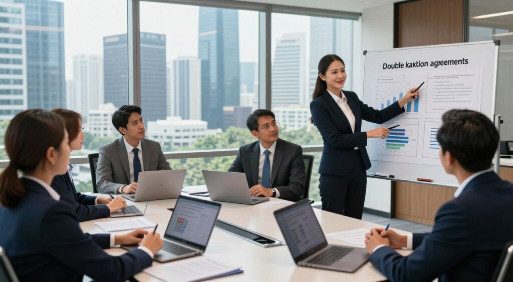 A professional business meeting taking place in an upscale office setting, with a diverse group of individuals wearing smart business attire. In the foreground, a confident Indonesian tax advisor points to a clear graphics board displaying charts and diagrams related to double taxation agreements, illustrating tax implications. In the middle ground, attentive professionals exchange ideas around a sleek conference table cluttered with laptops and documents. The background shows large windows framing a panoramic view of Jakarta's skyline, reflecting a bright, sunny day. The lighting is bright and natural, creating an encouraging atmosphere for collaboration and understanding. The image captures the essence of global business dynamics and the complexities of tax obligations faced by digital nomads. The angle is slightly elevated, adding depth to the scene.