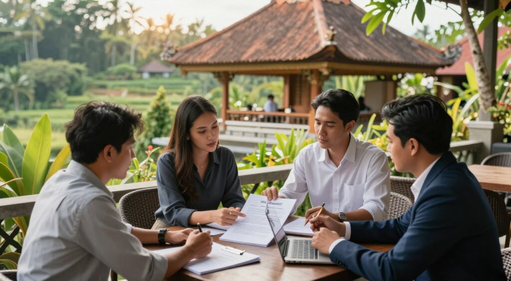 A professional business meeting taking place on a scenic terrace overlooking a lush Bali landscape. In the foreground, a diverse group of three individuals, dressed in smart casual attire, are intensely discussing a rental agreement, with documents and a laptop open on the table between them. The middle ground features a backdrop of traditional Balinese architecture, including intricate woodwork and vibrant greenery. The lighting is warm and natural, filtering through the leaves, creating a relaxed yet focused atmosphere. Capture the scene from a slightly elevated angle to emphasize the location's beauty and the serious nature of the discussion, ensuring the mood reflects professionalism and collaboration in a tropical setting.