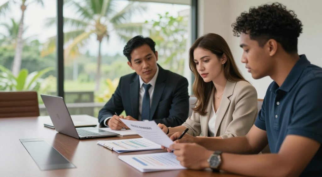 A professional business setting depicting a financial discussion on pricing and payment options for a Bali airport transfer to Seminyak. In the foreground, a diverse group of three individuals—one Southeast Asian man in a business suit, one Caucasian woman in smart casual attire, and one Black man in a polo shirt—are engaged in a focused discussion over documents and a laptop with pricing charts. In the middle ground, an elegant conference table is adorned with a laptop and brochures. The background features large windows, letting in soft, natural light, revealing a palm tree-lined view reminiscent of Bali's landscape. The mood is collaborative and professional, with a warm and inviting atmosphere. Shot with a shallow depth of field, focusing on the subjects while softly blurring the background.