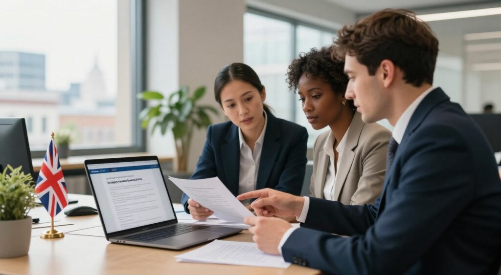 A professional business setting featuring a neatly organized desk with a laptop displaying official documents about the UK digital nomad visa requirements. In the foreground, a diverse group of three individuals in smart attire, engaged in discussion, reviewing documents and pointing at the laptop screen. In the middle ground, a large window filters in soft natural light, illuminating a modern office space adorned with plants and UK flags. The background shows a subtle cityscape view, hinting at London with its iconic architecture. The atmosphere is collaborative and focused, emphasizing professionalism and clarity as they examine eligibility criteria. The image should have a sharp focus with a warm color tone, resembling high-quality photojournalism with attention to detail and clarity, captured at eye level.