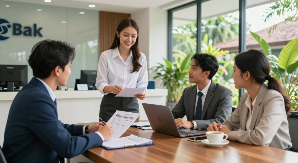 A professional business setting in Bali, featuring a modern bank branch. In the foreground, a polished wooden table with business documents, a laptop, and a cup of coffee. A diverse group of three individuals, dressed in professional business attire, actively discussing the business bank account application process. In the middle ground, a bank officer, wearing a friendly smile, is assisting one of the clients with paperwork. The background showcases tropical plants and a large window revealing a sunny day outside, casting soft natural light across the scene. The atmosphere is collaborative and focused, reflecting a positive, professional environment. Capture the image with a wide-angle lens to emphasize the space and depth while maintaining realism and clarity.
