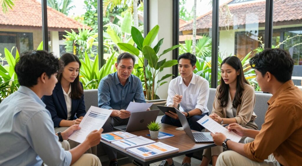 A professional business setting in Bali, showcasing a modern office space. In the foreground, a diverse group of business professionals dressed in smart casual attire engaged in a discussion over documents and a laptop, illustrating collaboration on eligibility requirements for a business bank account. In the middle ground, a coffee table with brochures and informational charts about banking regulations, surrounded by tropical plants native to Bali. The background features large windows letting in natural light, with a view of lush greenery and traditional Balinese architecture, creating a serene and inviting atmosphere. The scene is well-lit with soft daylight, enhancing the vibrant colors and details of the workspace, evoking a sense of professionalism and opportunity.