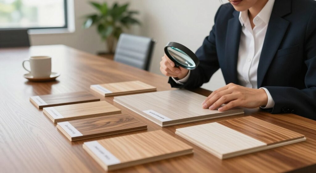 A professional business setting showcasing a visually rich comparison of Bali veneers. In the foreground, a polished wooden table displays various samples of Bali veneers alongside samples of other veneer types, each labeled with detailed descriptions of cost and quality. The middle ground features an attentive businessperson in professional attire, examining the samples with a magnifying glass, emphasizing attention to detail. In the background, a well-lit modern conference room is adorned with greenery, creating a serene atmosphere. Soft, natural lighting filters through large windows, highlighting the wood grain and texture of the veneers. The image captures an air of professionalism and mindful decision-making, akin to a National Geographic photojournalism style, inviting viewers to appreciate the craftsmanship and choices in veneer selection.