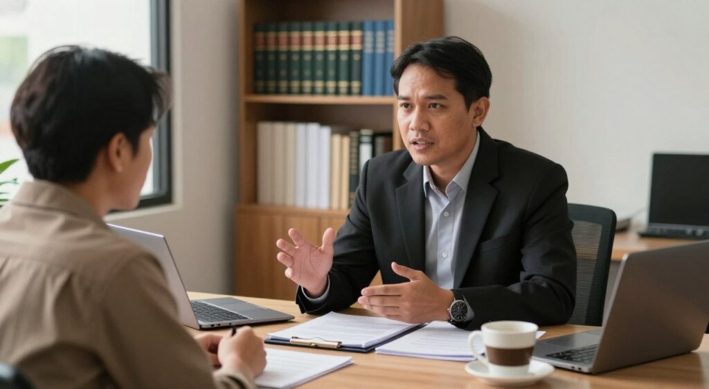 A professional, candid scene depicting a legal consultation about visa overstays in Indonesia. In the foreground, a lawyer, dressed in business attire with a welcoming demeanor, speaks to a concerned client, who is wearing modest casual clothing. The middle ground shows a desk cluttered with legal documents, a laptop, and a cup of coffee, emphasizing an atmosphere of serious discussion. In the background, a softly lit office setting with a bookshelf filled with legal texts and a window allowing natural light to filter in, creating a warm and inviting feel. The mood is tense but hopeful, capturing the essence of seeking legal assistance in a delicate situation. The image should resemble high-quality photojournalism, with a slight depth of field to draw focus to the subjects.