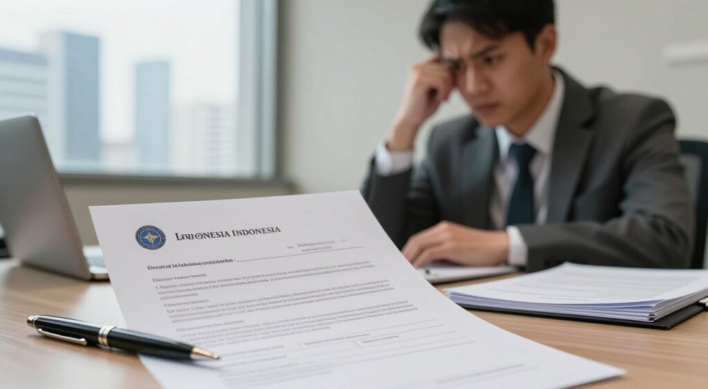 A professional, close-up image of a denial letter regarding visa problems in Indonesia. The foreground features a well-organized desk with the denial letter prominently displayed, its text slightly blurred for privacy. Beside it, a polished pen and a stack of legal documents. In the middle ground, a concerned individual in business attire is seated, gazing thoughtfully at the letter; their expression reflects a mix of anxiety and determination. The background showcases a soft-focus view of a modern office environment, with a window displaying a Jakarta skyline, hinting at the bureaucratic atmosphere. The lighting is soft and warm, creating an intimate and serious mood, while the angle captures both the letter and the individual’s reaction, emphasizing the emotional weight of the moment.